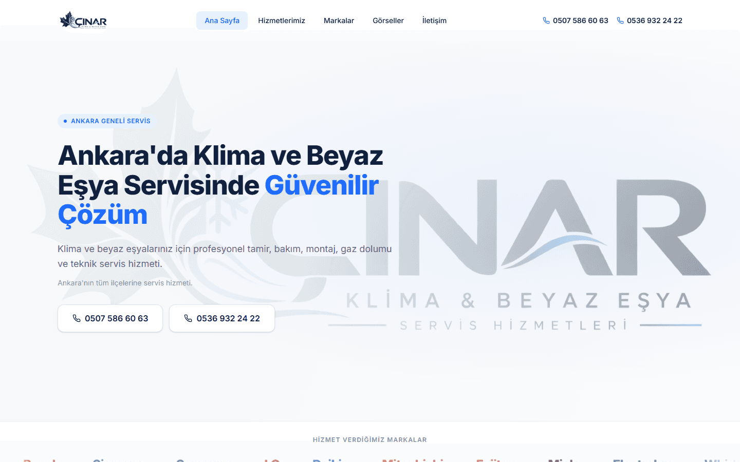 Çınar Klima & Beyaz Eşya web sitesi ana sayfası